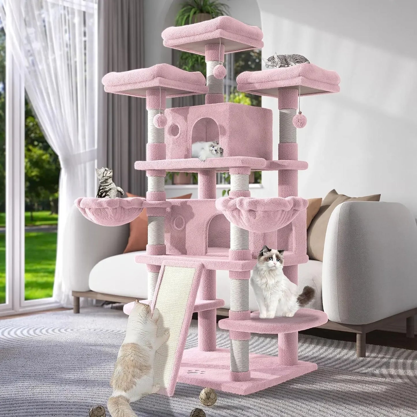 68 Inches Multi-Level Large Cat Tree for Big Cats, Condo Cozy, Plush Cat Perches Fluffy Balls