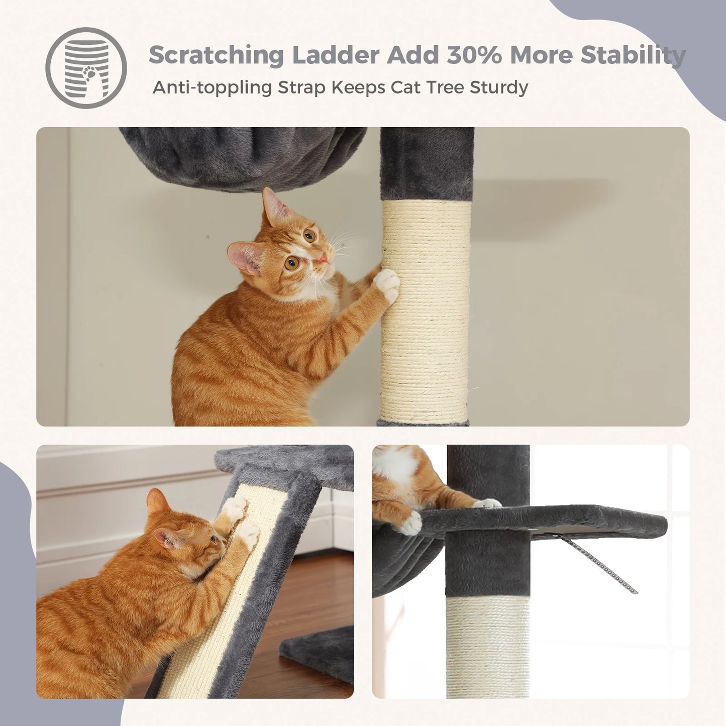 Adjustable Height 210-274CM Cat Tree Floor to Ceiling Tall Cat Climbing Tower with Cozy Condo Hammock Scratching Post Platforms