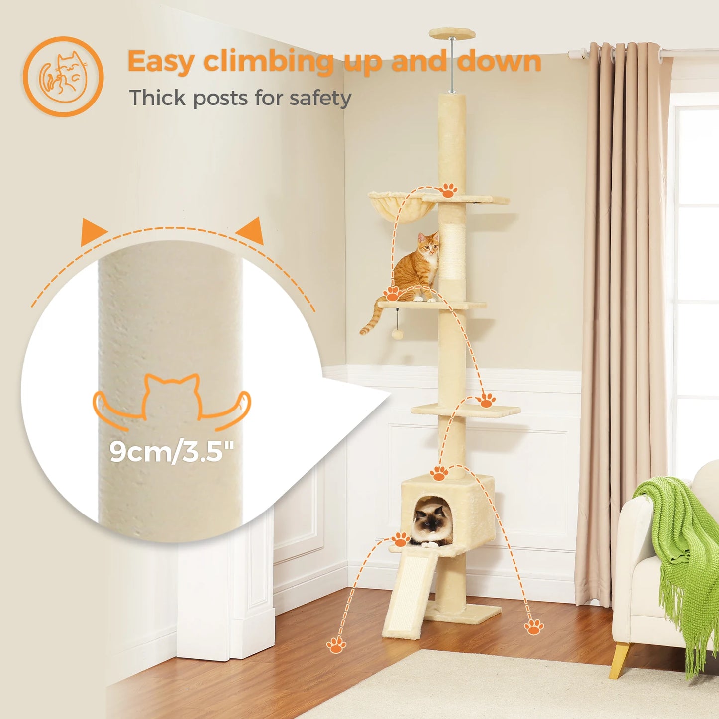 Adjustable Height 210-274CM Cat Tree Floor to Ceiling Tall Cat Climbing Tower with Cozy Condo Hammock Scratching Post Platforms