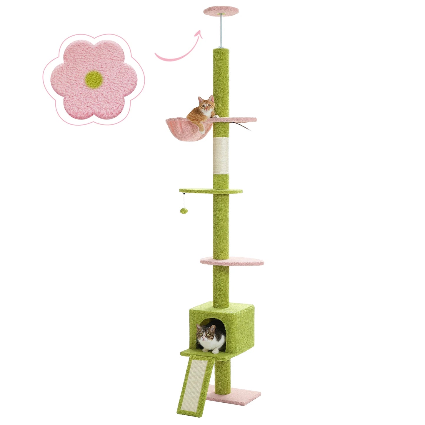 Adjustable Height 210-274CM Cat Tree Floor to Ceiling Tall Cat Climbing Tower with Cozy Condo Hammock Scratching Post Platforms