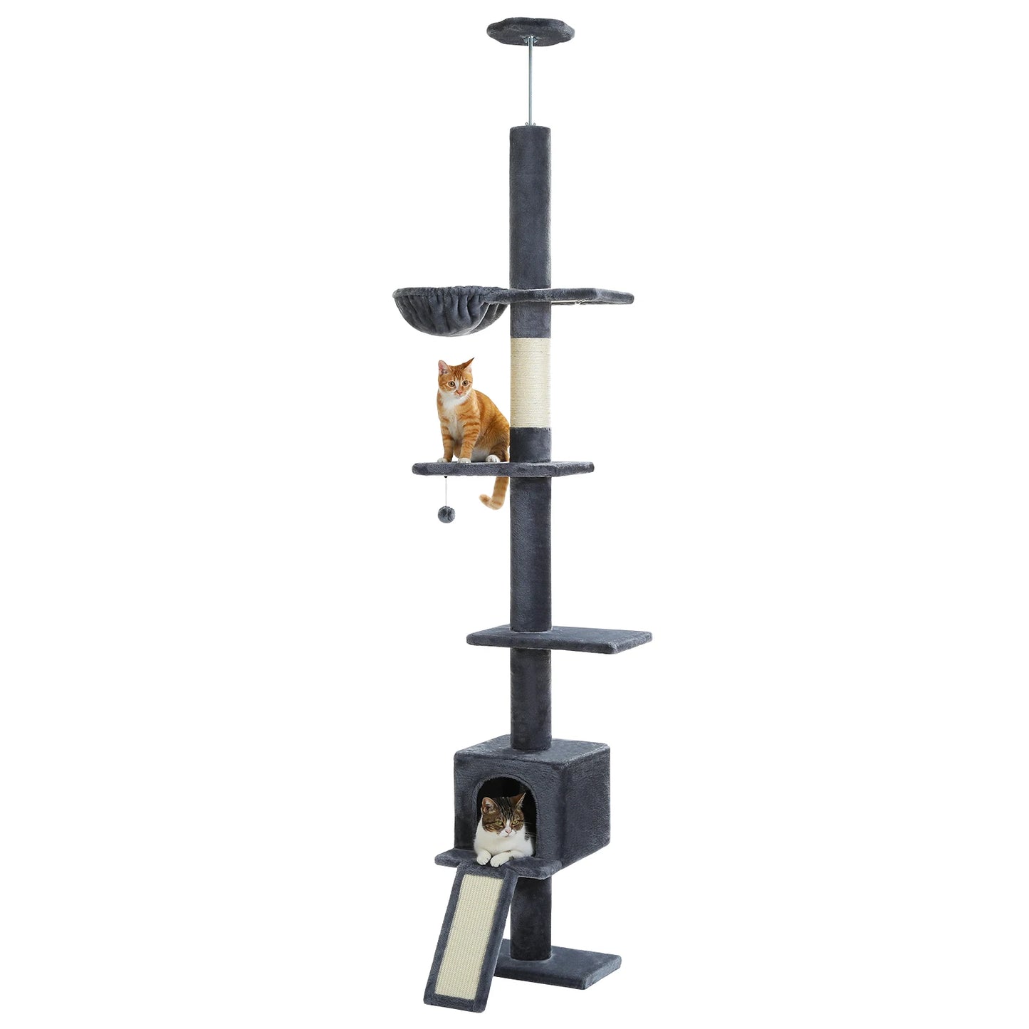 Adjustable Height 210-274CM Cat Tree Floor to Ceiling Tall Cat Climbing Tower with Cozy Condo Hammock Scratching Post Platforms
