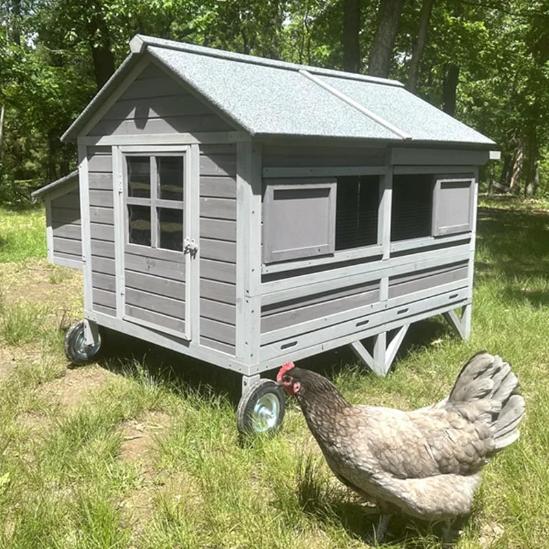 Chicken Coop Super Large Mobile Hen House with Wheels, Strong Iron Frame Outdoor Poultry Cage with Nesting Box, Duck Coop,