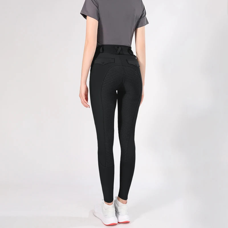 MXLLINA Button Zipper Horse Riding Pants Women Equestrian Leggings Breeches Competition Full Silicone Sports Tights