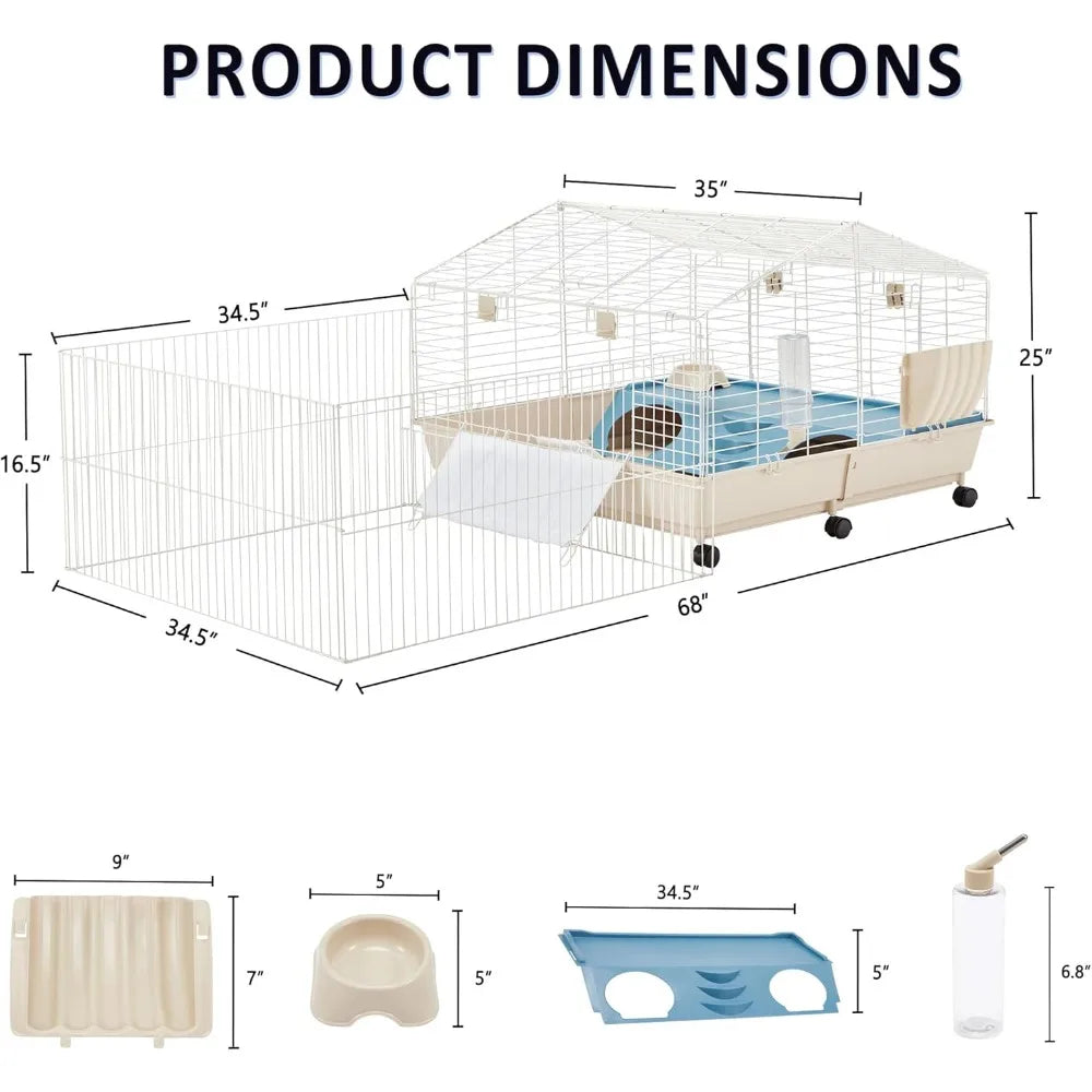 67" L Rolling Rabbit Cage with Foldable Playpen, Small Animal Cage, Guinea Pig Cages with Ramp/Water Bottle/Hay Feeder Chinchilla