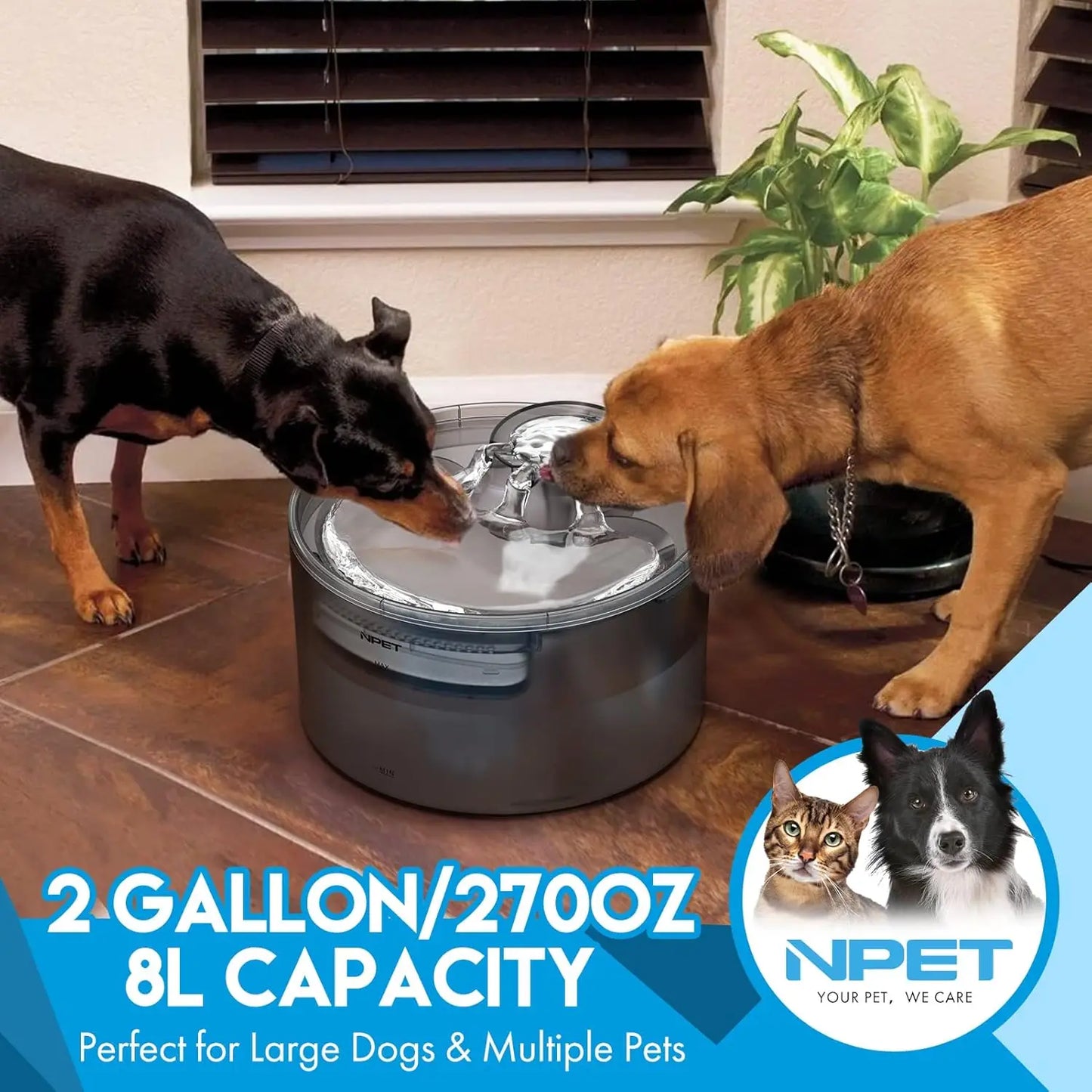 NPET DF30 Large Automatic Dog Water bowl 2 Gallon/270oz/8L with Splatter Guard for Large Dogs