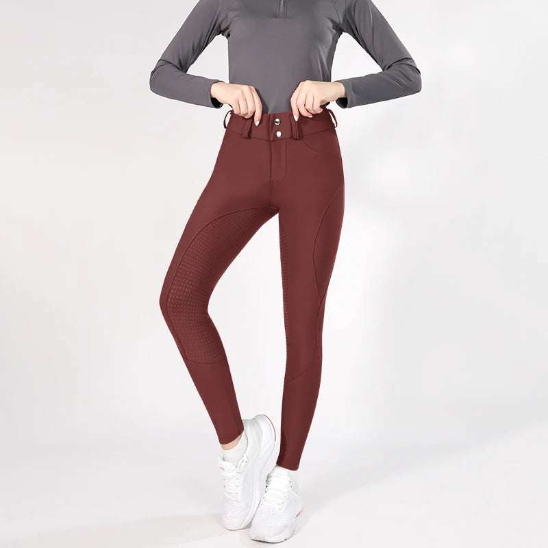 MXLLINA Button Zipper Horse Riding Pants Women Equestrian Leggings Breeches Competition Full Silicone Sports Tights