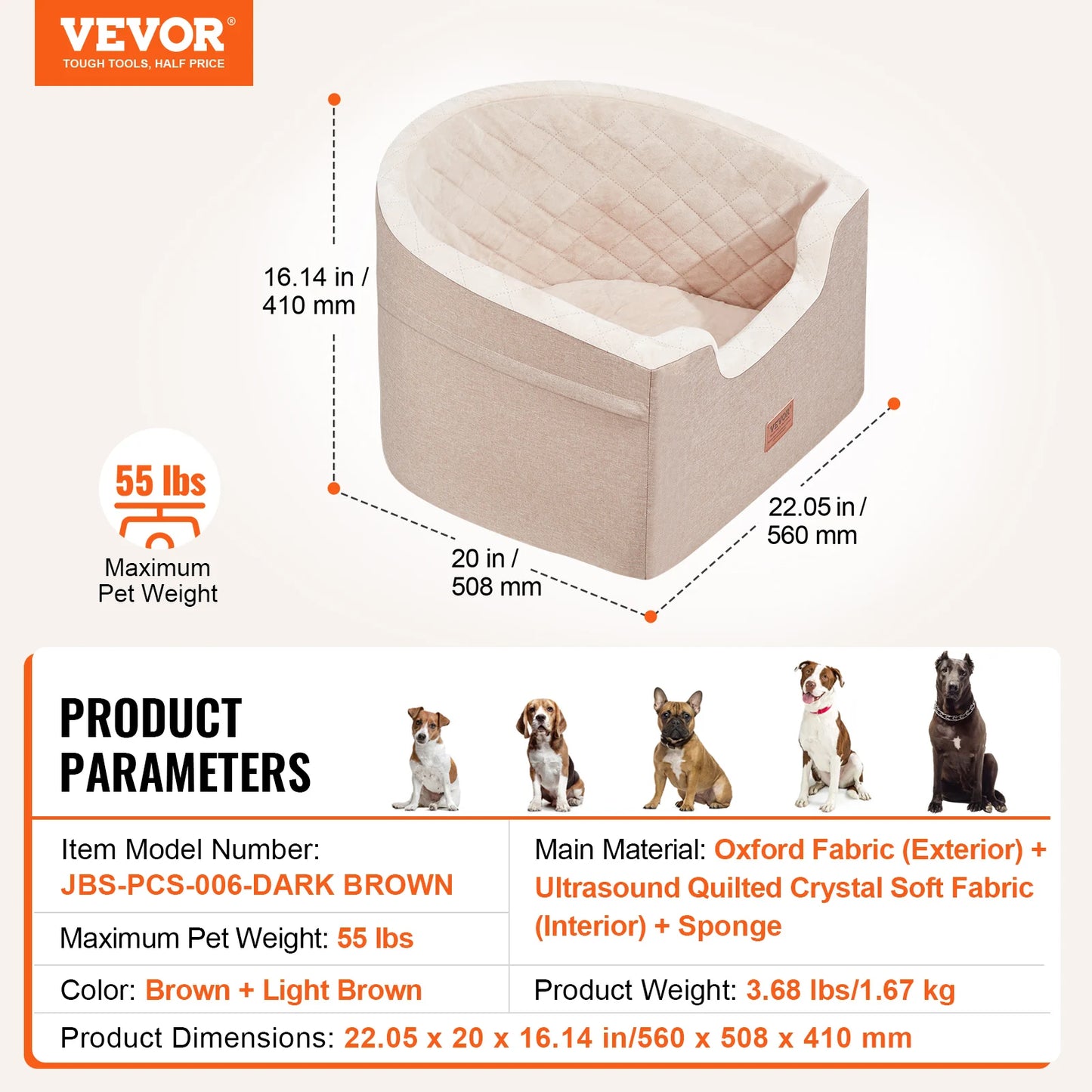 VEVOR Dog Car Seat Waterproof Dog Booster Seat Pet Car Seat with Clip-On Safety Leash PP Cotton Car Bed for Medium & Large Dog