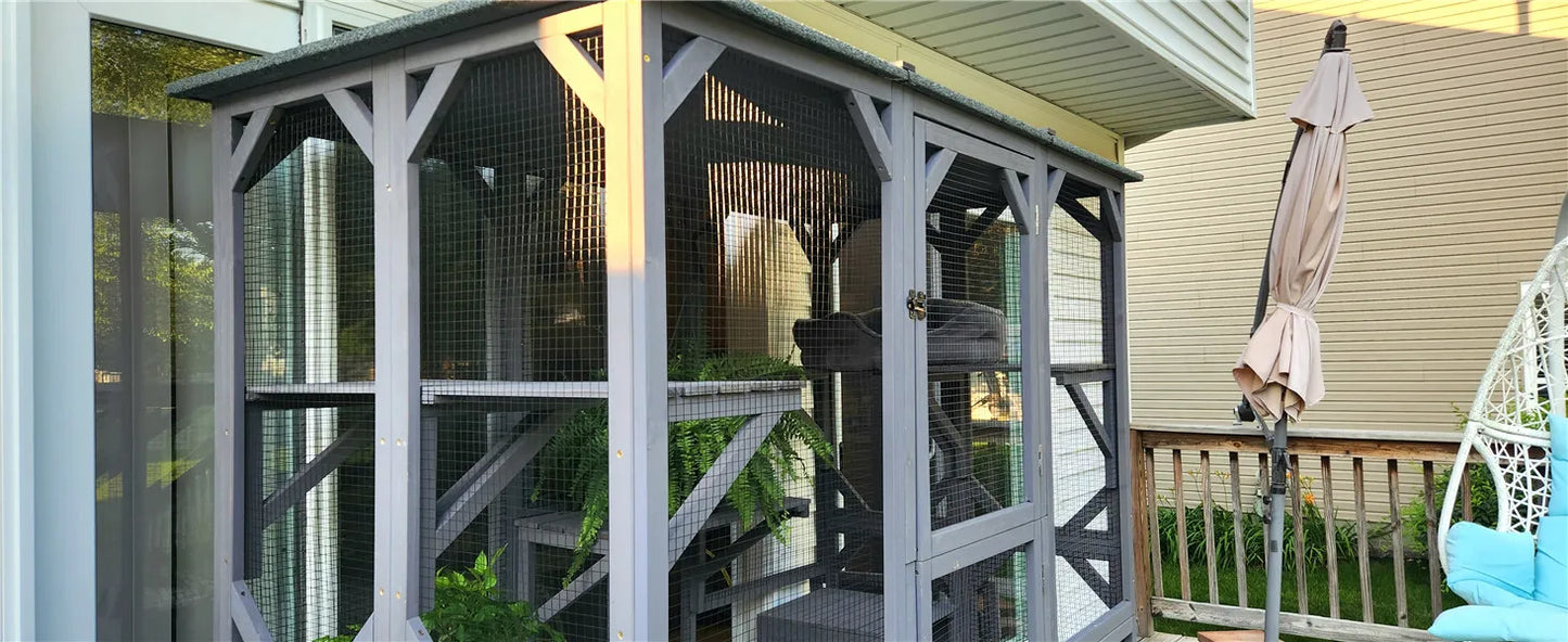 Outdoor Cat Enclosure Large Walk in Cat Kennel Kitten Cage with Platforms and Small Houses