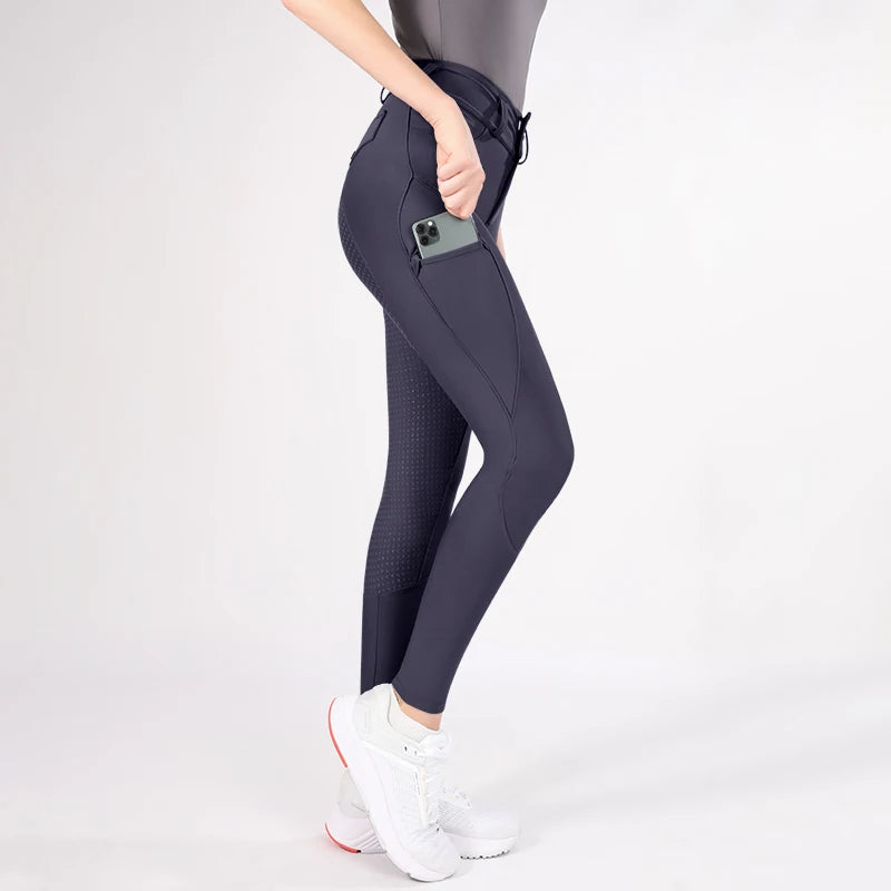 MXLLINA Button Zipper Horse Riding Pants Women Equestrian Leggings Breeches Competition Full Silicone Sports Tights
