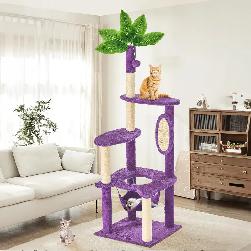 61" Large Cat Tree Tower for Indoor Cats with DIY Green Leaves Scratching Post Multi Soft Hang Ball Plush Cat House Furniture