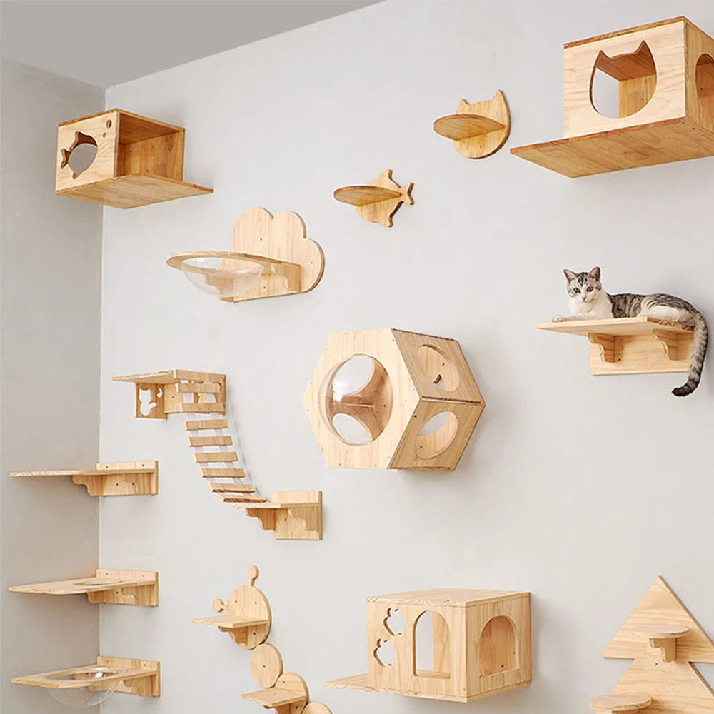 Cat Climbing Shelf Wall Mounted Four Step Stairway With Sisal Scratching Post Cats Tree Tower Platform Jumping Pet Furniture