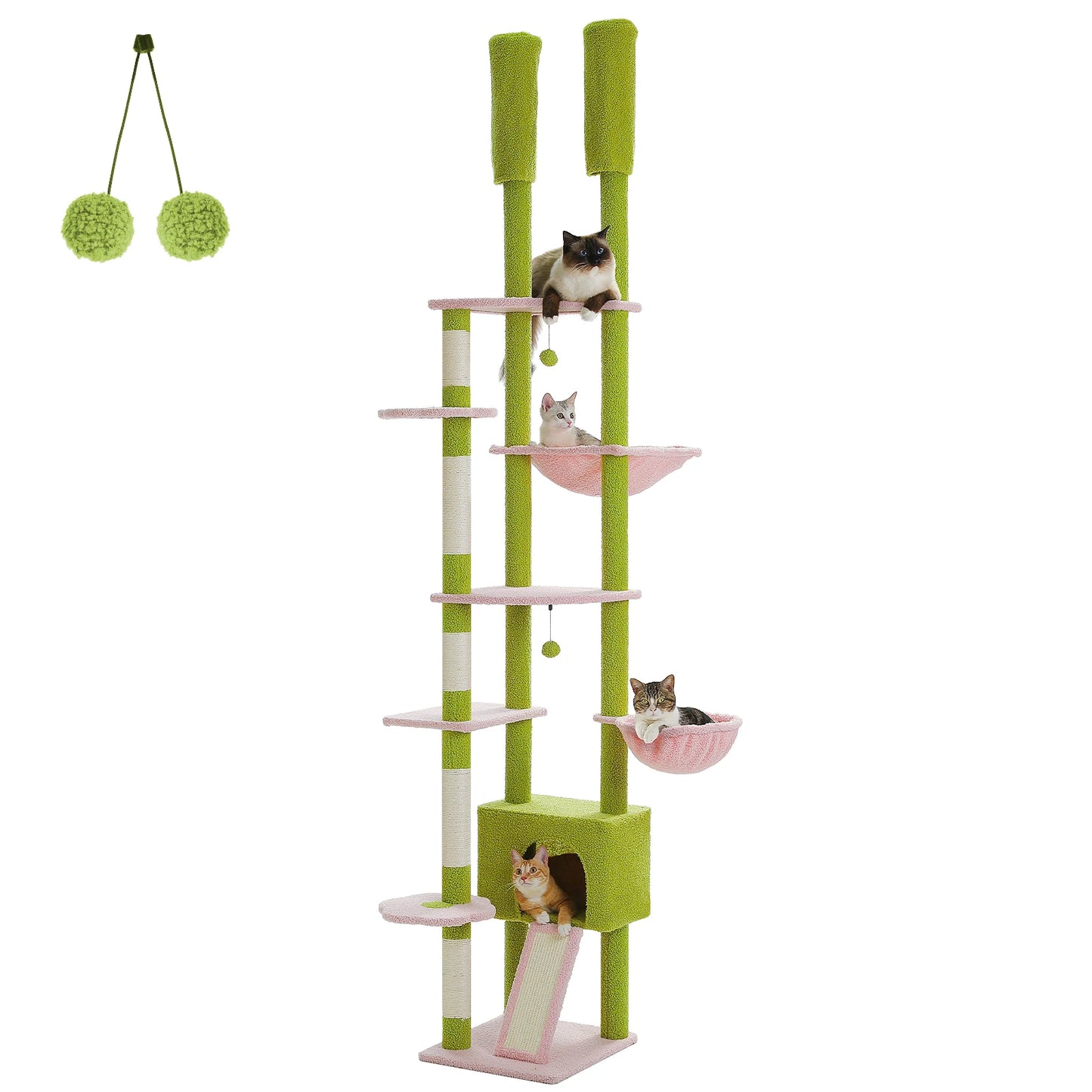 Cactus Cat Tree Floor to Ceiling Adjustable Height Cat Condo Cozy Hammock and Scratching Post Tall Activity Tree