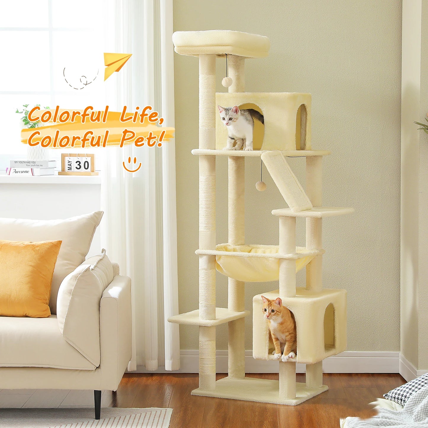 Cat Tree for Large Cats, Tall Cat Tower for indoor Cats Multi-level Cat House Furniture with 2 Big Condo Pad Bed Scratching Post