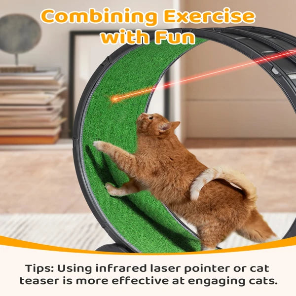 Cat Treadmill Wheel Exerciser with Carpeted Runway, Plastic Cat Running Wheel for Cats Daily Exercise and Weight Loss, Black