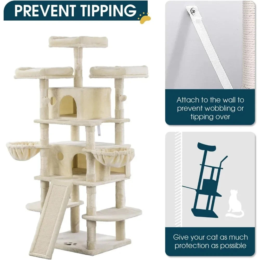 68 Inches Multi-Level Large Cat Tree for Big Cats, Condo Cozy, Plush Cat Perches Fluffy Balls
