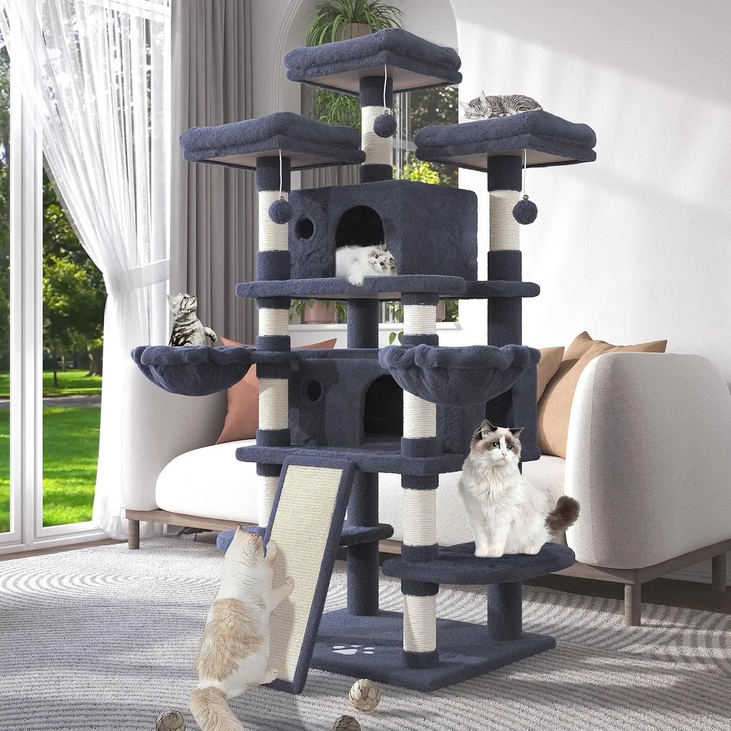 68 Inches Multi-Level Large Cat Tree for Big Cats, Condo Cozy, Plush Cat Perches Fluffy Balls