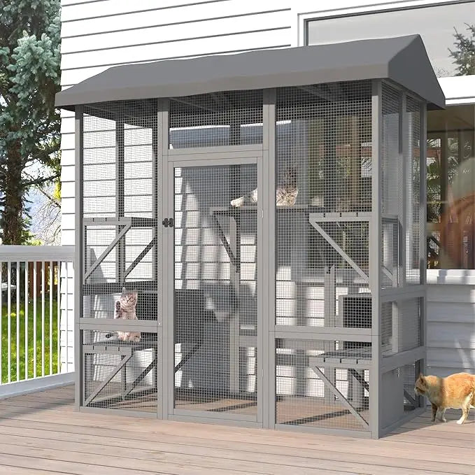 Outdoor Cat Enclosure, Large House Walk in Cat Cage w/ Waterproof Cover and Sunshine Panel Roof, 7 Platforms and 2 Rest Box, 72"