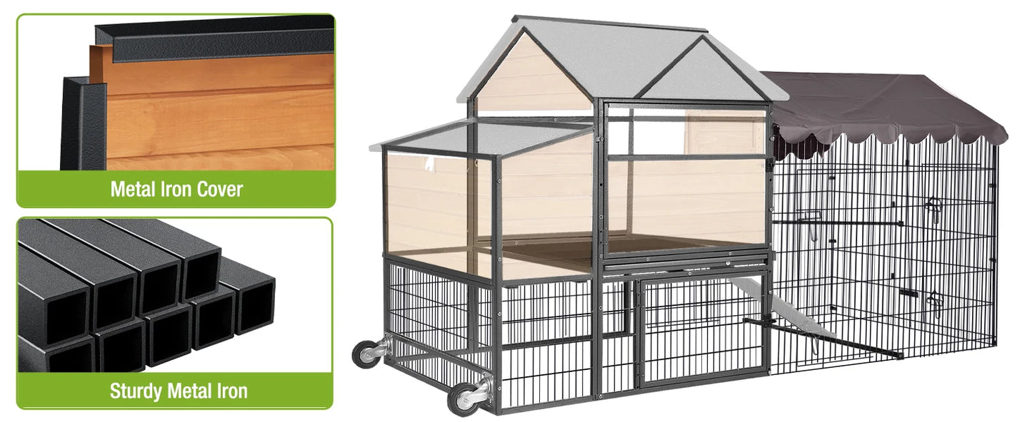 Large Chicken Coop with Metal Frame Mobile Hen House Poultry Cage with Wheels for 4-6 Chickens 85" L