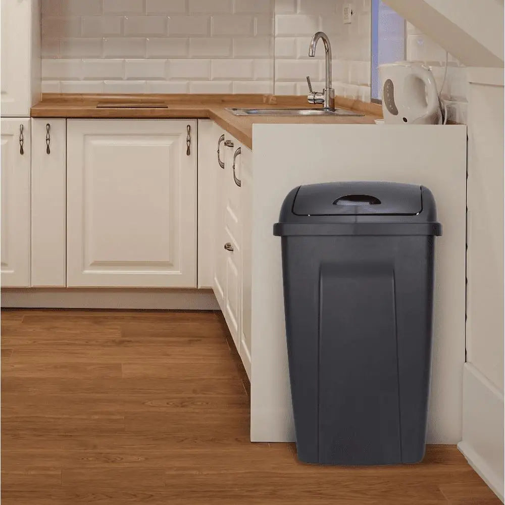 13 Gallon Swing Top Plastic Kitchen Garbage Can Black Indoor Trash Bin Dual Lid Decorative 12.5x16.35x28.23