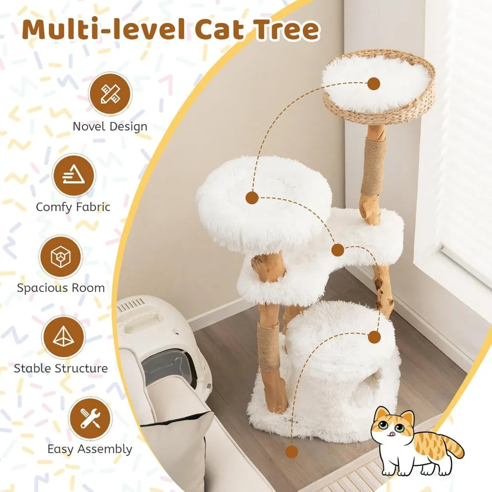 Cat Tree for Indoor Cats, Solid Wood Modern Cats Tower with Top Cattail Basket Cats Bed, Side Perch, Large Platform