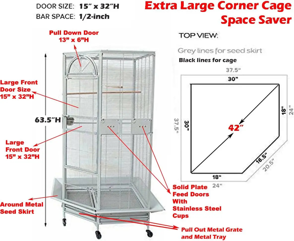 64" Extra Large Corner Flight Bird Cage for Cockatiel Parakeet Budgies Parrot with Around Metal Seed Skirts