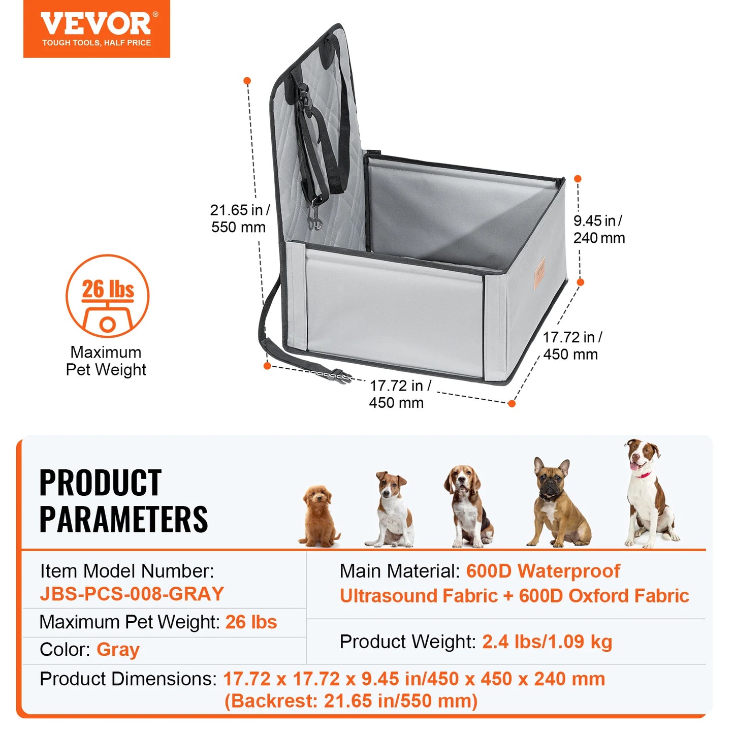 VEVOR Dog Car Seat Waterproof Dog Booster Seat Pet Car Seat with Clip-On Safety Leash PP Cotton Car Bed for Medium & Large Dog