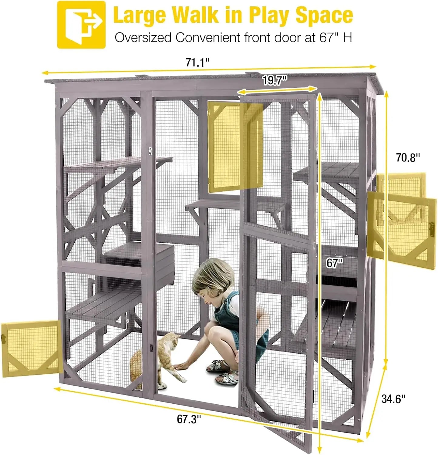 Outdoor Cat Enclosure Large Walk in Cat Kennel Kitten Cage with Platforms and Small Houses