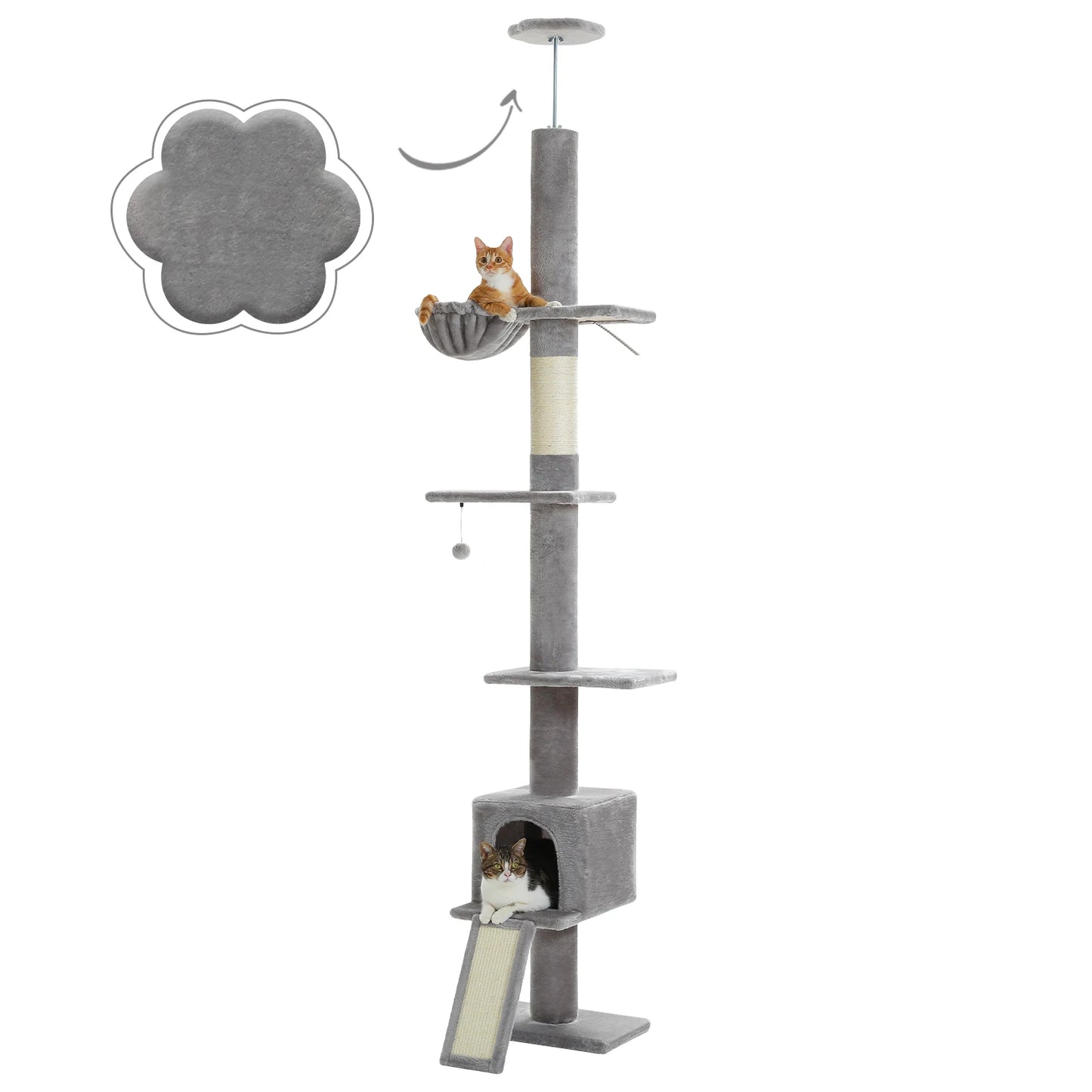 Adjustable Height 210-274CM Cat Tree Floor to Ceiling Tall Cat Climbing Tower with Cozy Condo Hammock Scratching Post Platforms