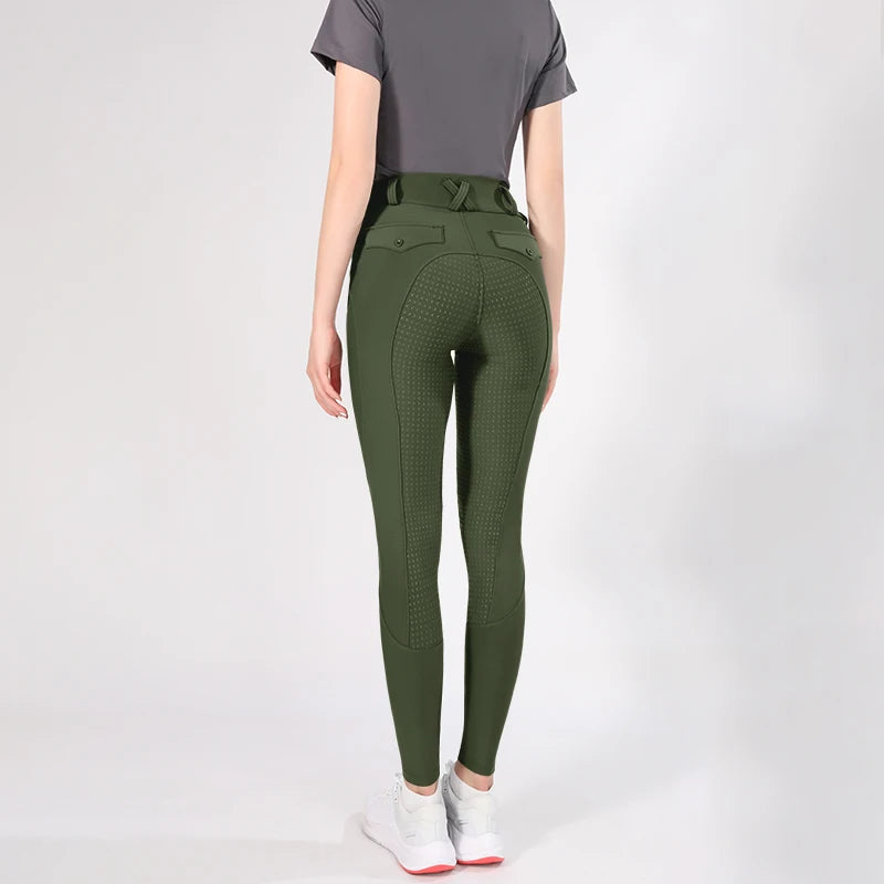 MXLLINA Button Zipper Horse Riding Pants Women Equestrian Leggings Breeches Competition Full Silicone Sports Tights