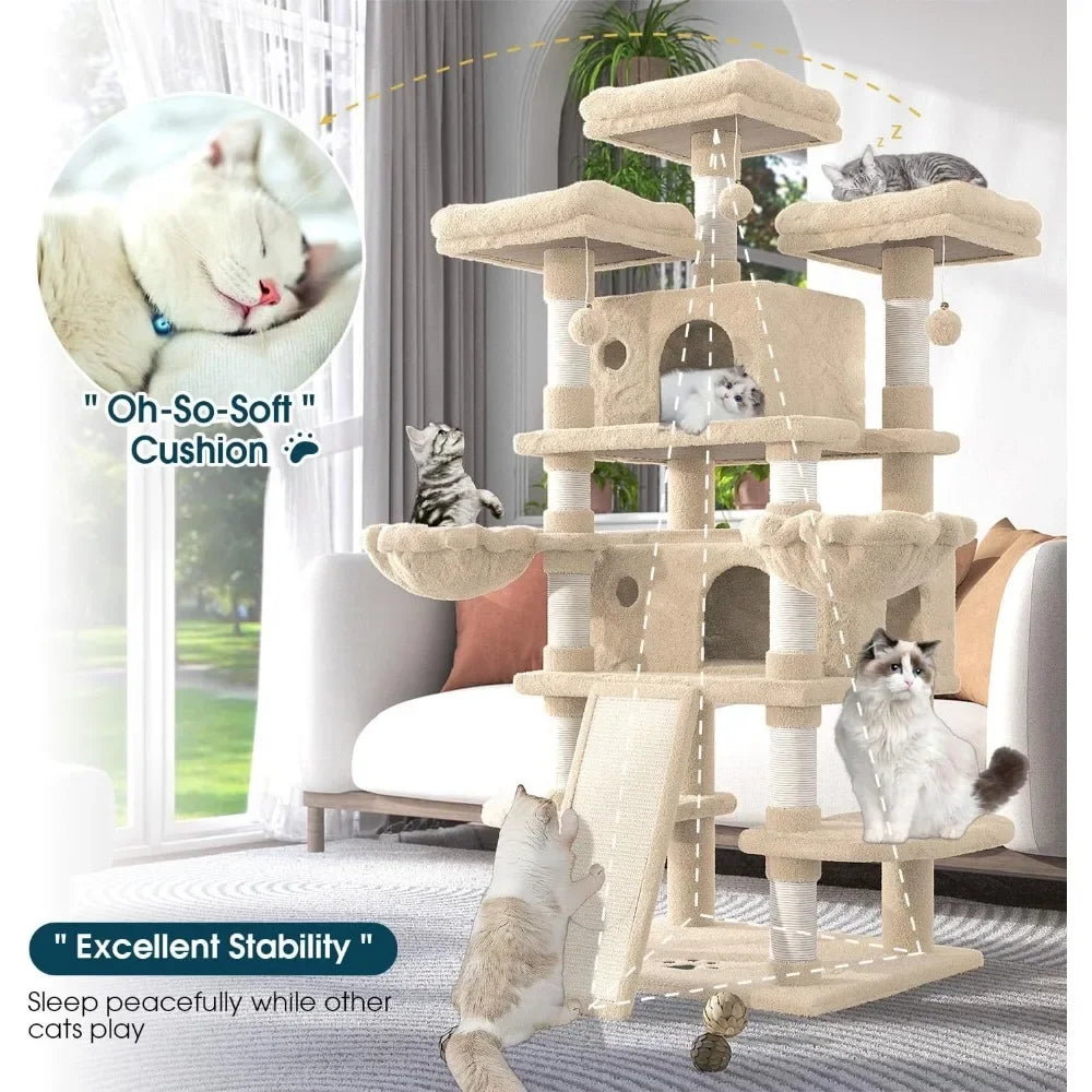 68 Inches Multi-Level Large Cat Tree for Big Cats, Condo Cozy, Plush Cat Perches Fluffy Balls