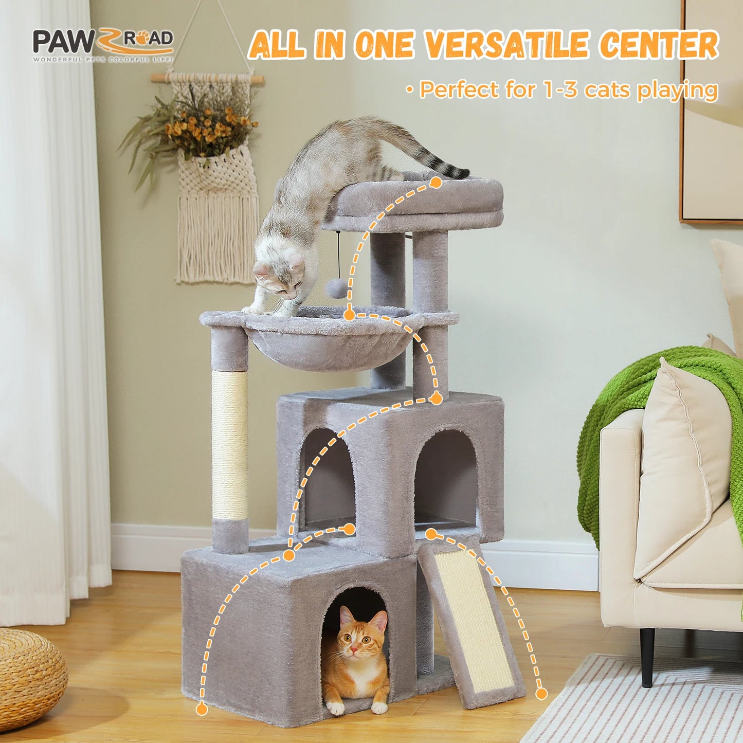 Large Cat Tree Indoor Cats, Multi-Level Cat Tower with Sisal Scratching Post, 2 Spacious Condos, Cat Toys
