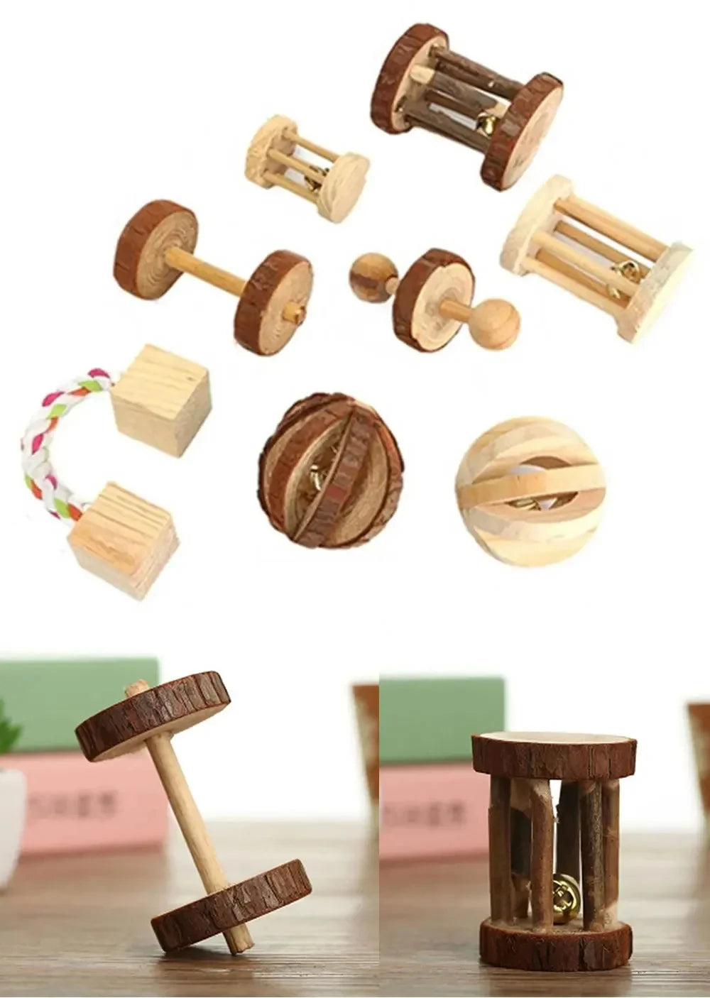 Guinea Pig Rabbit Hamster Small Animal Play Pet Roller Toys Natural Wooden Pine Dumbbells Unicycle Bell Chew Chewing Braided Ball