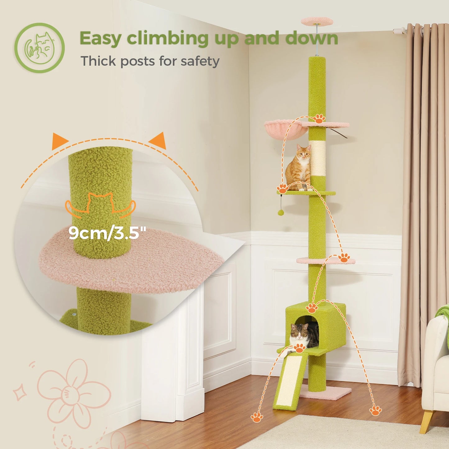 Adjustable Height 210-274CM Cat Tree Floor to Ceiling Tall Cat Climbing Tower with Cozy Condo Hammock Scratching Post Platforms