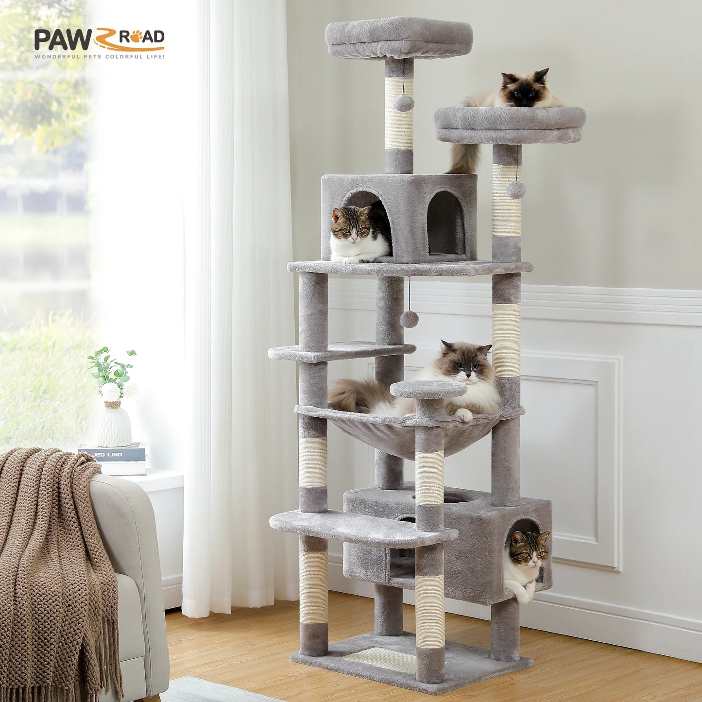 Large Cat Tree Tall Cat Tower for Indoor Cats Multi-Level Plush Cat Condo with Scratching Posts Scratching Posts Perches Caves