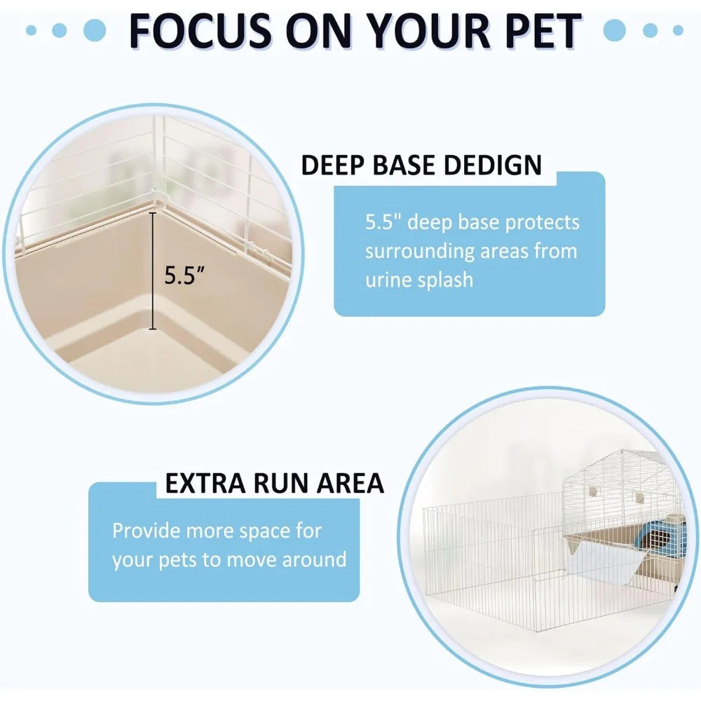 67" L Rolling Rabbit Cage with Foldable Playpen, Small Animal Cage, Guinea Pig Cages with Ramp/Water Bottle/Hay Feeder Chinchilla