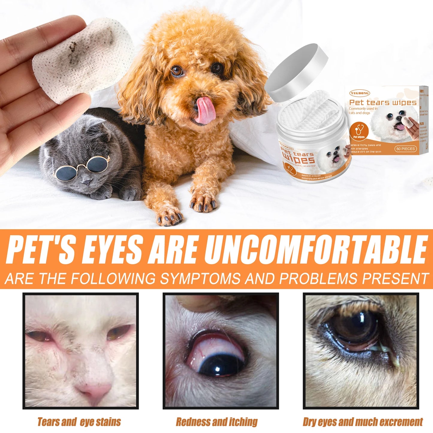 60Pcs/Box Dog Cat Pet Wet Wipes Cleaner Safe Effective Removes Tear Stain Eye Stain Cleaner For Dog Cat Eye Cleaner Pet Supplies