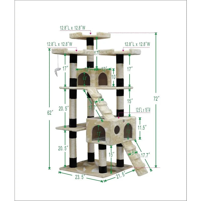 72" Tall Cat Tree Tower with Cat Condos - Large Cat Tree - Tower for Indoor Cats - Play Scratch Hide Climb Activity