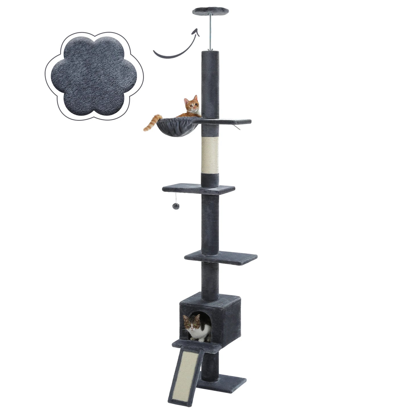 Adjustable Height 210-274CM Cat Tree Floor to Ceiling Tall Cat Climbing Tower with Cozy Condo Hammock Scratching Post Platforms