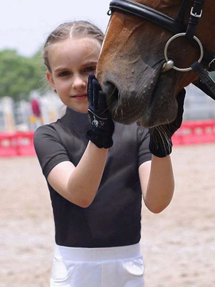MXLLINA Girls Equestrian Short Sleeves Tops Woman's Summer Zipper Horse Riding T-Shirts Sports Base Layer Competition Show Top