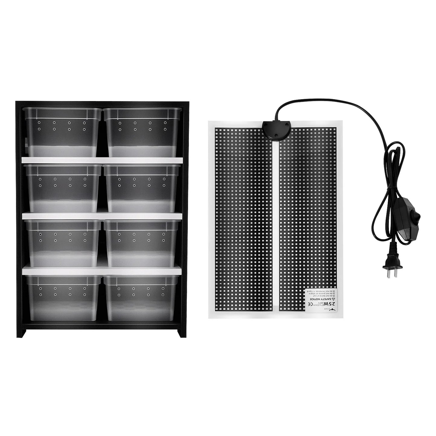 Reptile Breeding Cabinet with 8 Clear Boxes, 25W Heating Pad, Thermometer, for Spiders, Lizards & Small Reptiles, Space-Saving