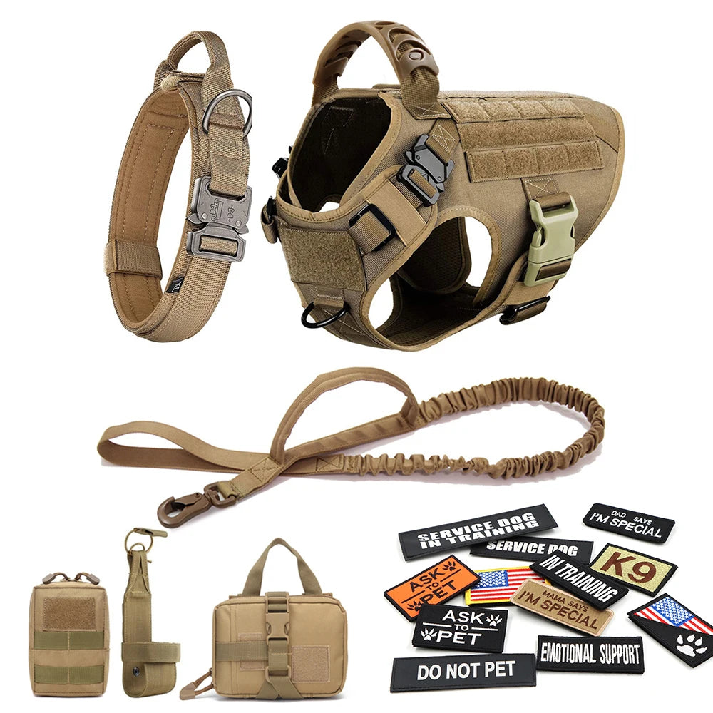 Military Large Dog Harness Collar Leash Bags Patches Set Malinois Training Vests Tactical Dogs Harnesses Accessories