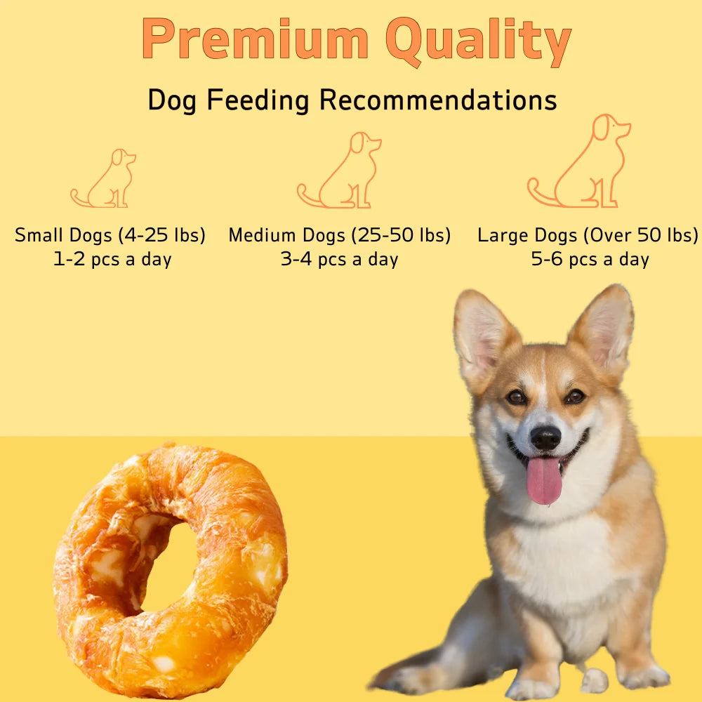 5.29oz/10.58(150g/300g) Dog Treats Long Lasting, Rawhide Chews for Dogs, Chicken Wrapped Rawhide Donuts Ring