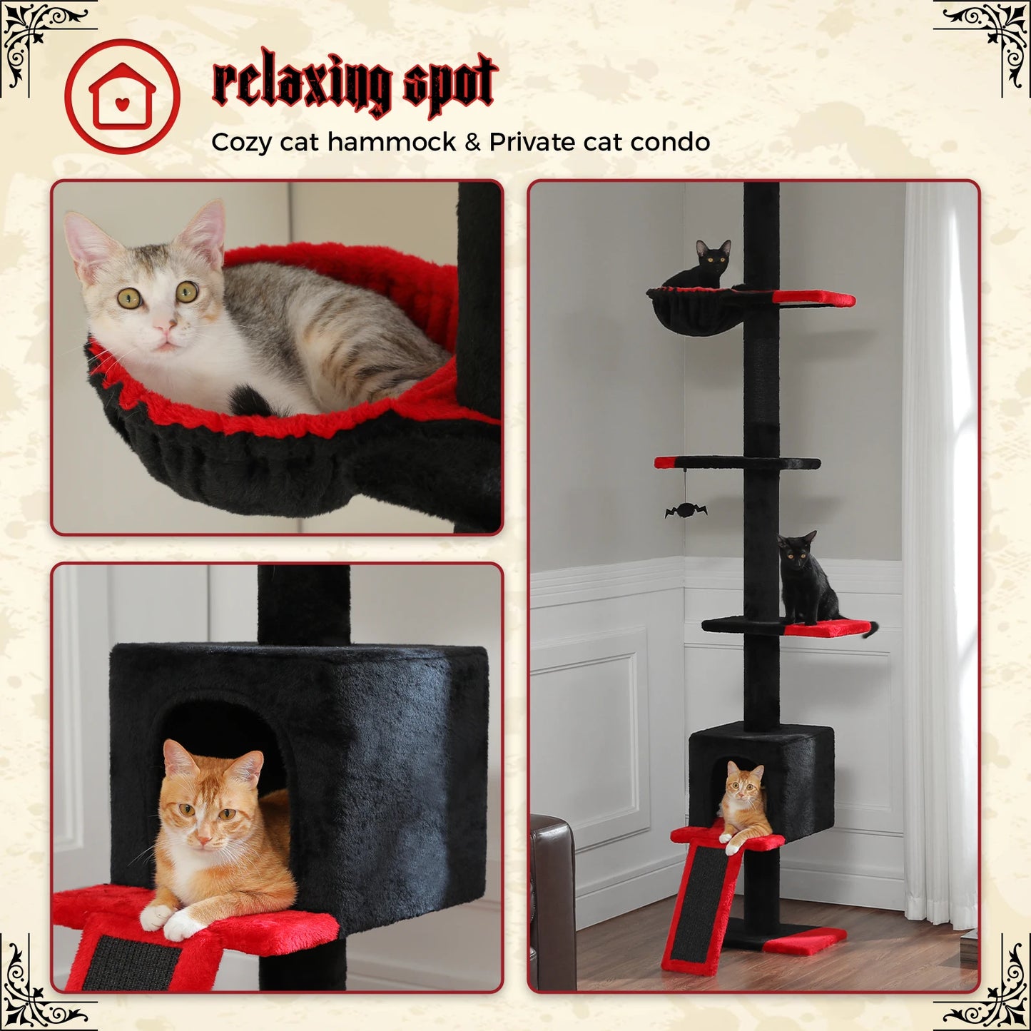 Adjustable Height 210-274CM Cat Tree Floor to Ceiling Tall Cat Climbing Tower with Cozy Condo Hammock Scratching Post Platforms