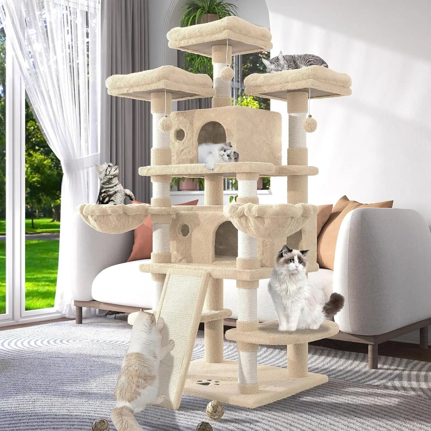 68 Inches Multi-Level Large Cat Tree for Big Cats, Condo Cozy, Plush Cat Perches Fluffy Balls