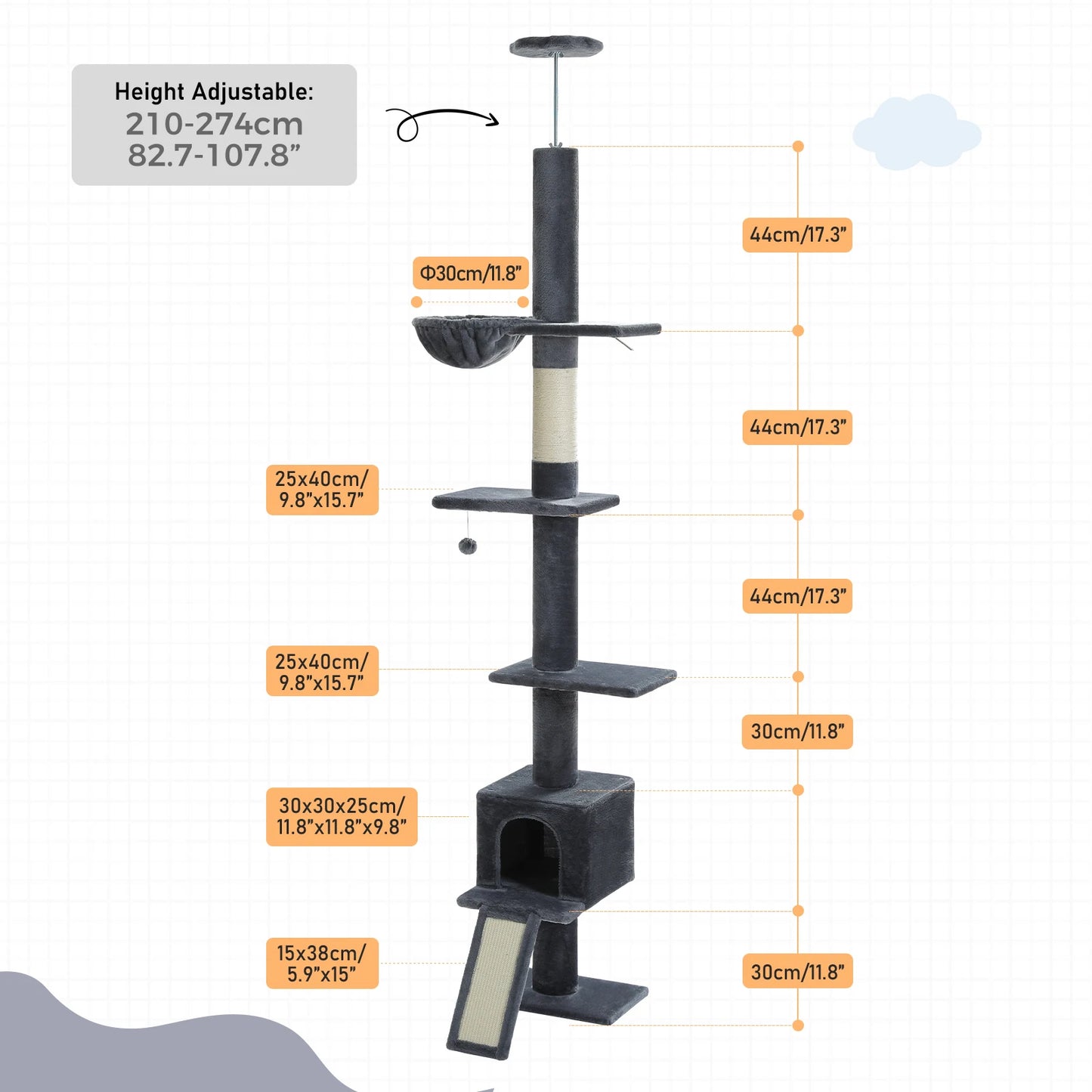 Adjustable Height 210-274CM Cat Tree Floor to Ceiling Tall Cat Climbing Tower with Cozy Condo Hammock Scratching Post Platforms