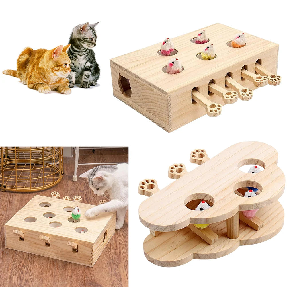 Cats 3/5-Holed Whack A Mole Game Cat Pop Up Funny Wooden Hunting Toy Box Interactive for Indoor Cats