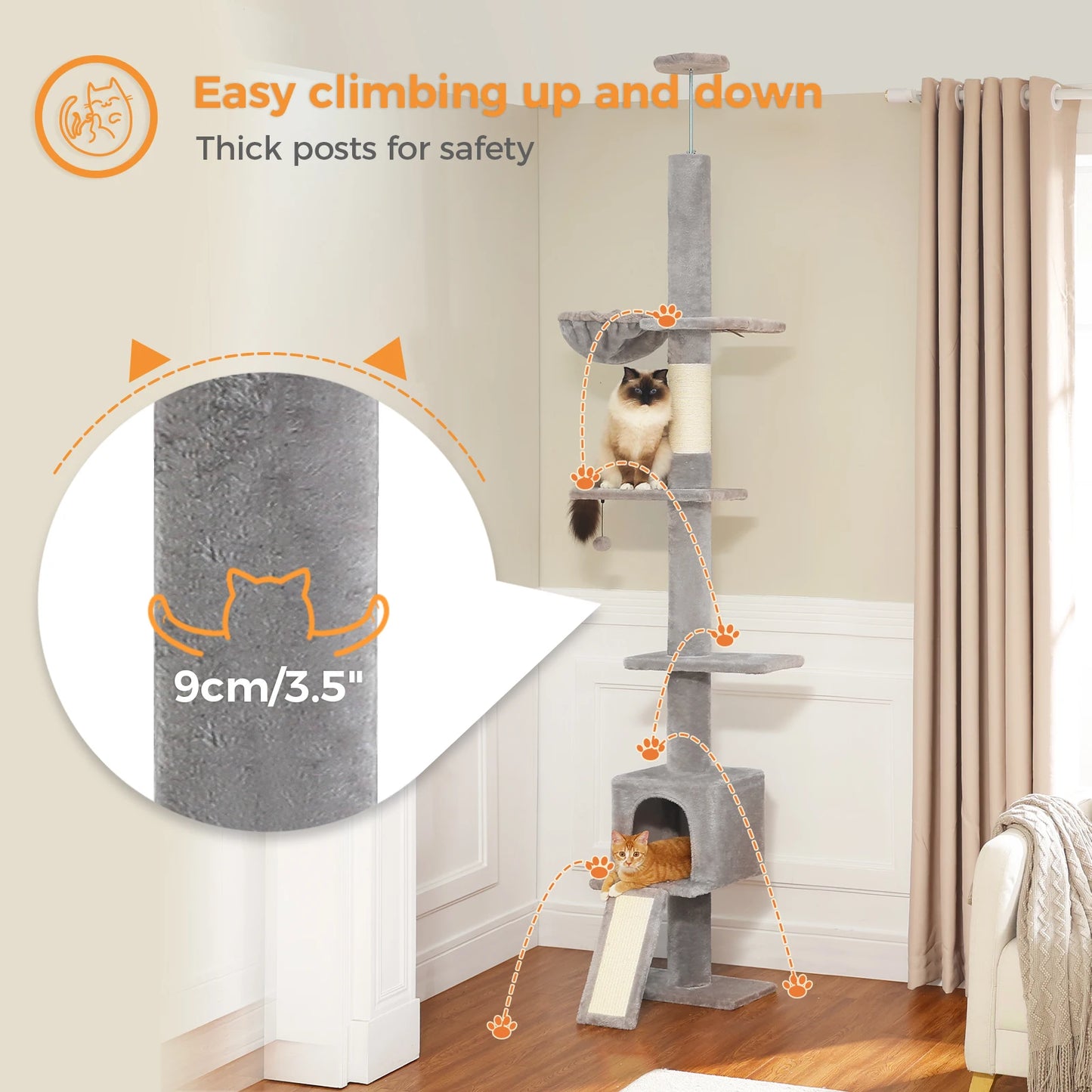 Adjustable Height 210-274CM Cat Tree Floor to Ceiling Tall Cat Climbing Tower with Cozy Condo Hammock Scratching Post Platforms