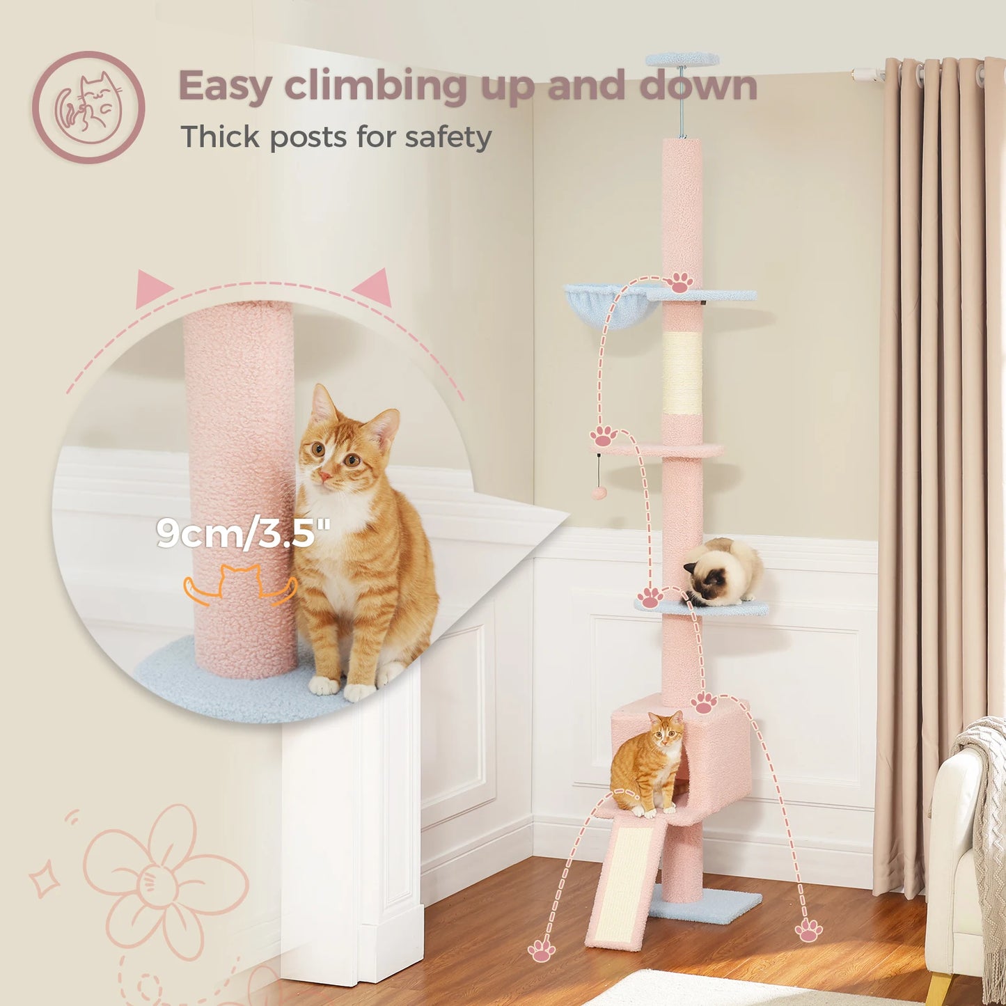 Adjustable Height 210-274CM Cat Tree Floor to Ceiling Tall Cat Climbing Tower with Cozy Condo Hammock Scratching Post Platforms