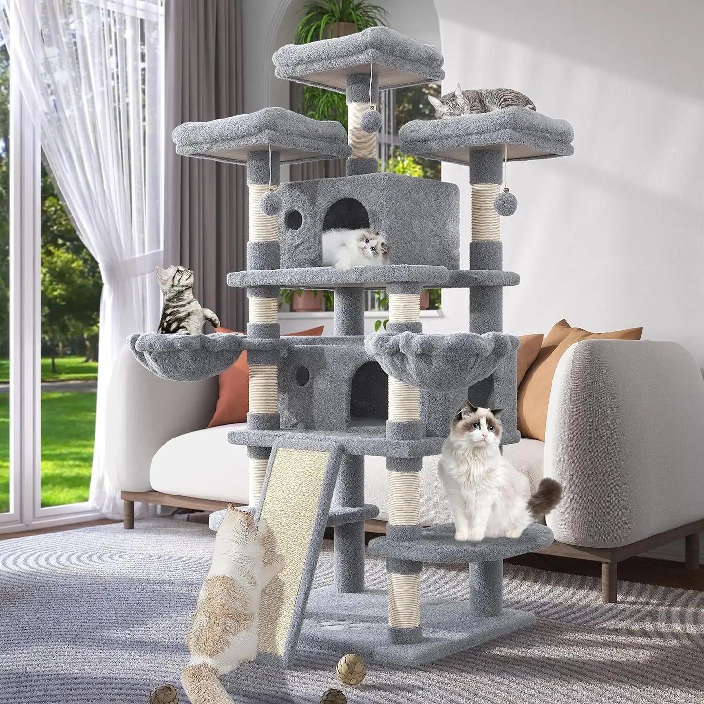 68 Inches Multi-Level Large Cat Tree for Big Cats, Condo Cozy, Plush Cat Perches Fluffy Balls