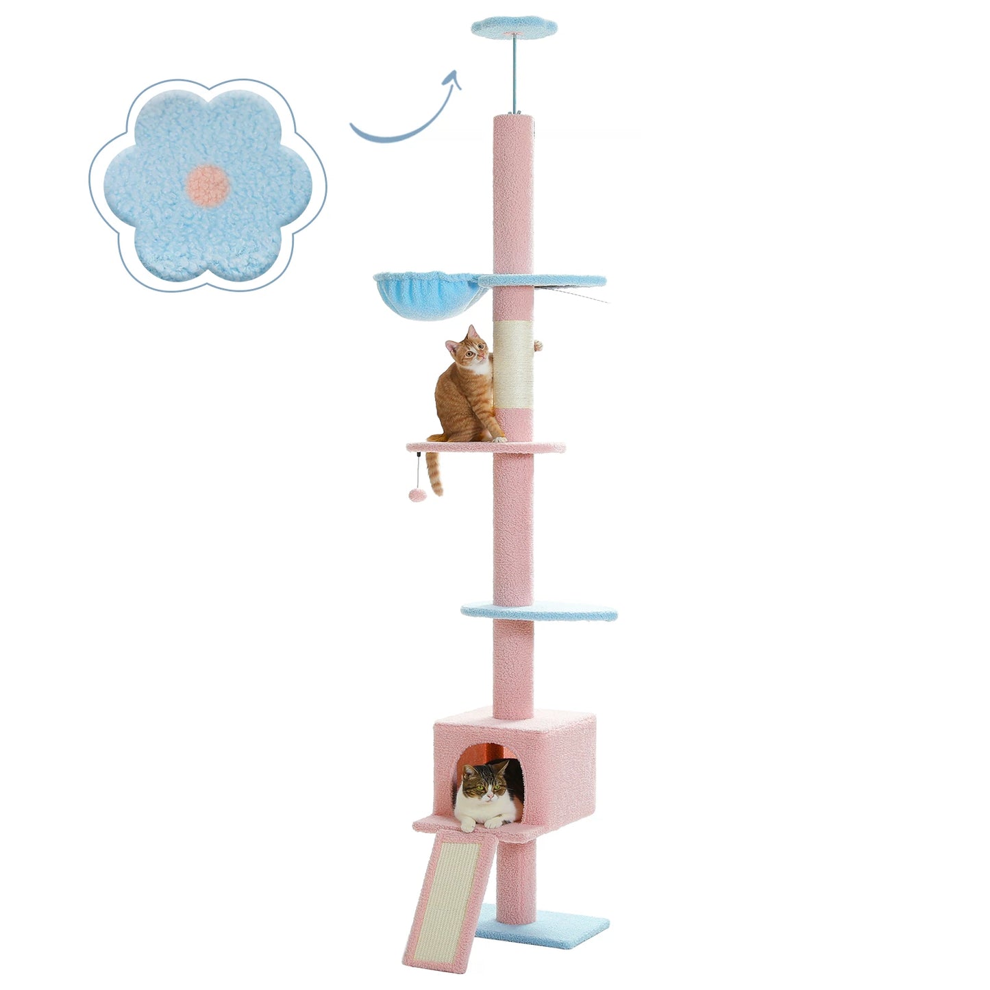 Adjustable Height 210-274CM Cat Tree Floor to Ceiling Tall Cat Climbing Tower with Cozy Condo Hammock Scratching Post Platforms